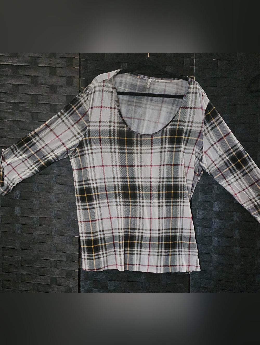 Plaid Scoop Neck Short Sleeve Top in White, Black, Yellow, Burgundy